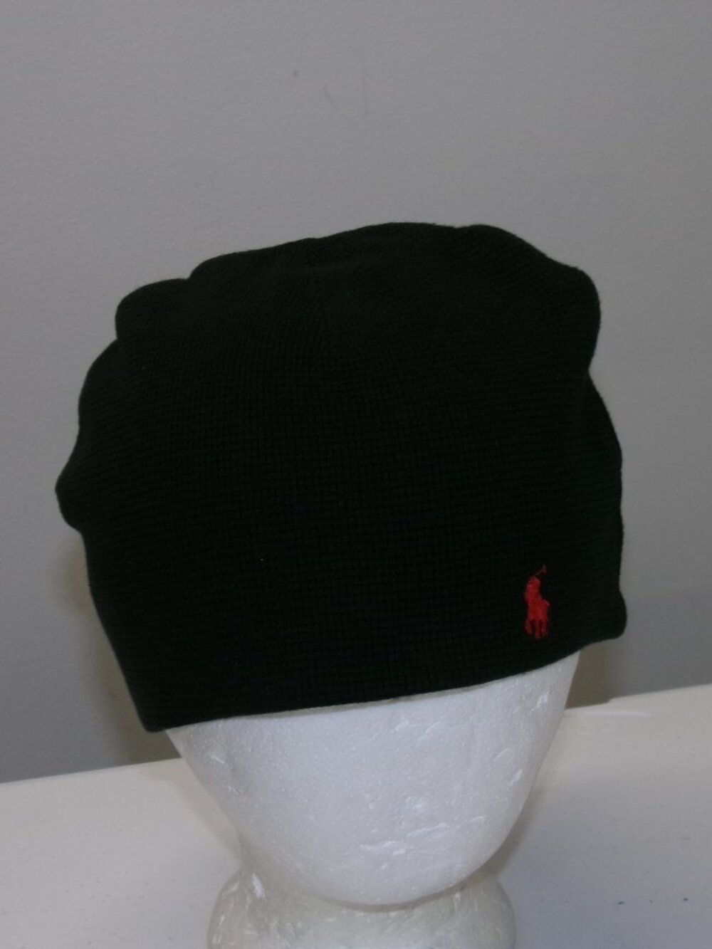 Polo Ralph Lauren Black Cotton Knit Waffle Thermal Slouchy Cap Beanie Hat Pony